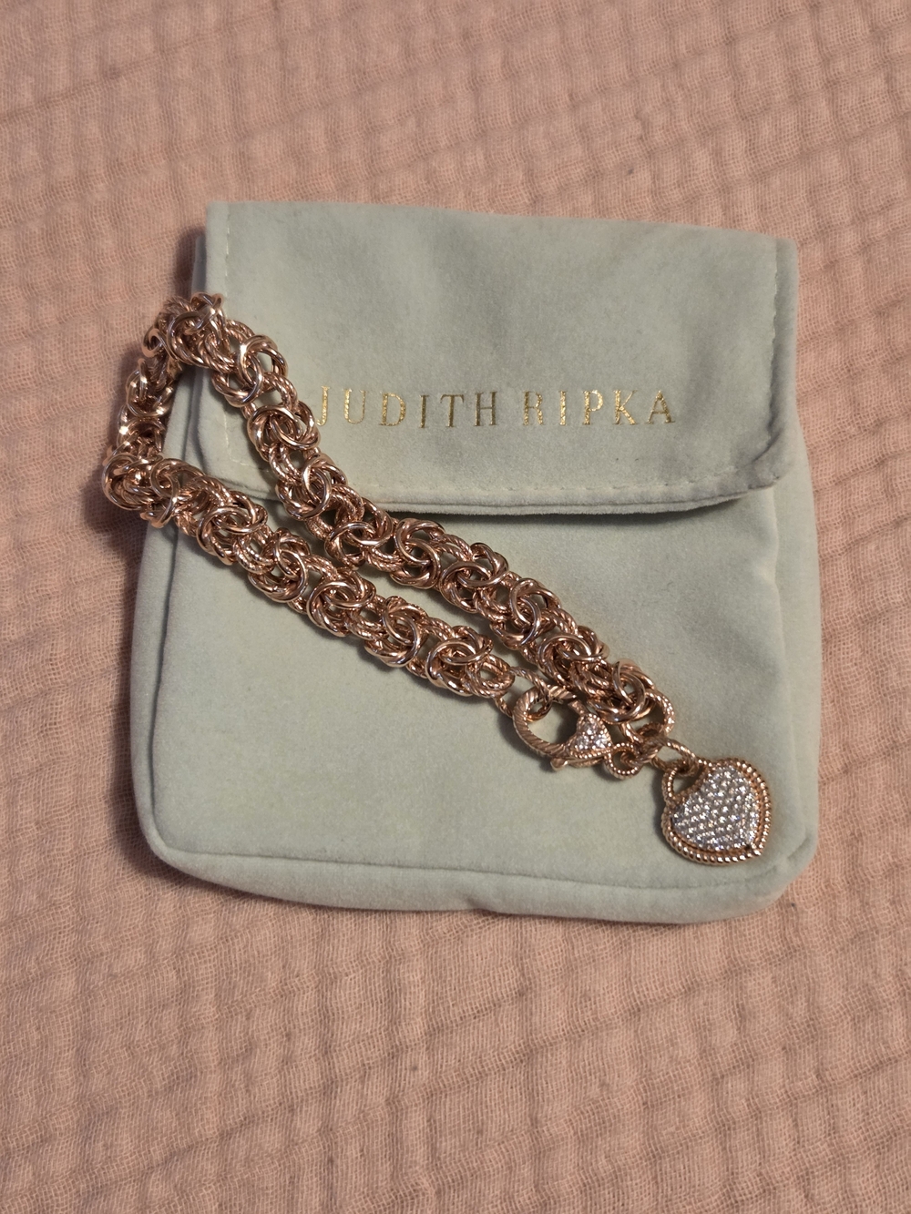 Judith Ripka Rose Tone Sterling Silver 925 Pave Heart Charm Bracelet